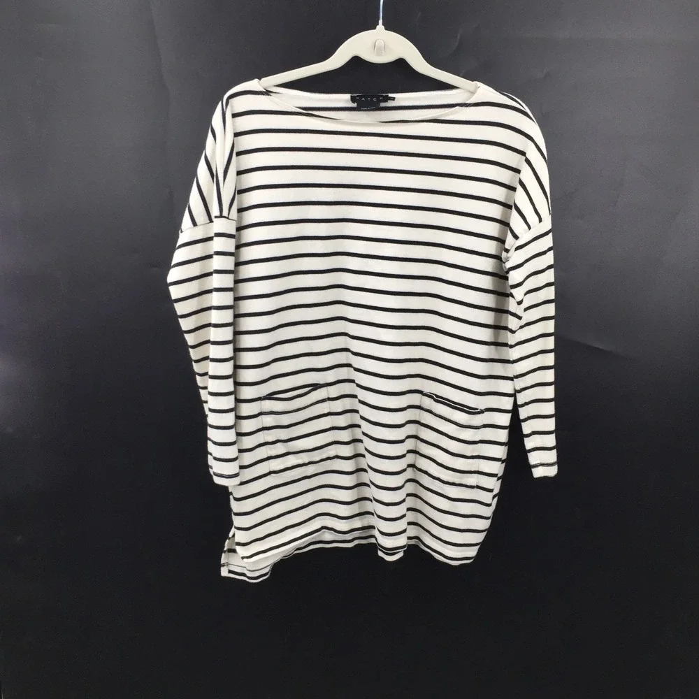 Hatch 100 cotton white black stripe chore pocket tunic Top long sleeve shirt 3 L